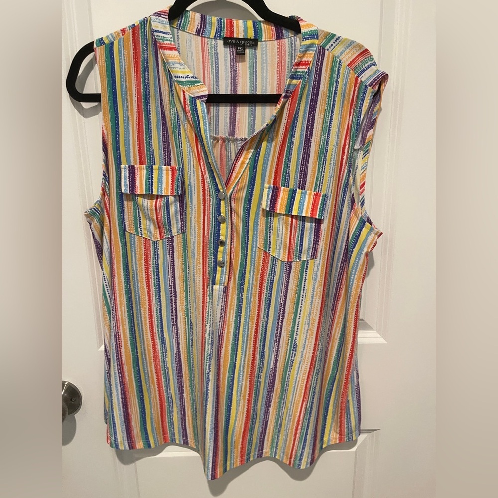 Ava & Grace Pink and Yellow Blouse with Mandarin Collar